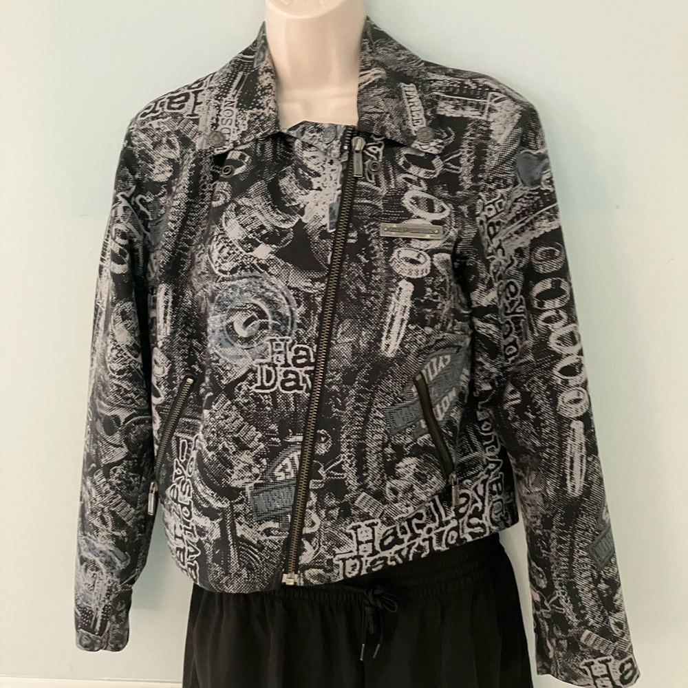 Harley Davidson motorcycle jacket fitted stylish black gray print zipper S